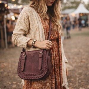 Leather Saddle Bag Crossbody Boho Western Hippie Burgundy Purse Festival